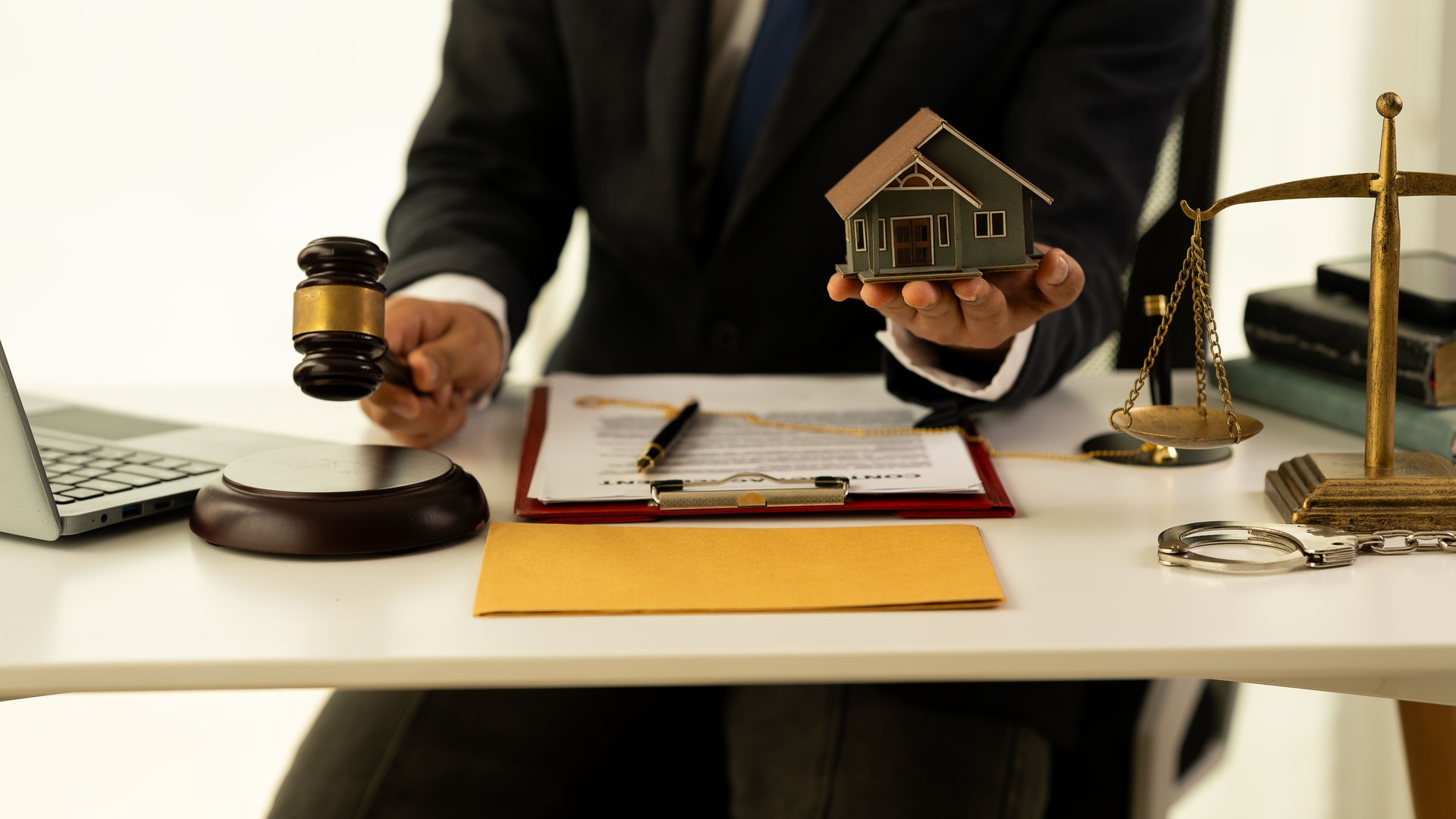 Real estate transactions, house transactions, keys, and courtroom judge cases. Legal apologetics and justice concept Close-up pictures