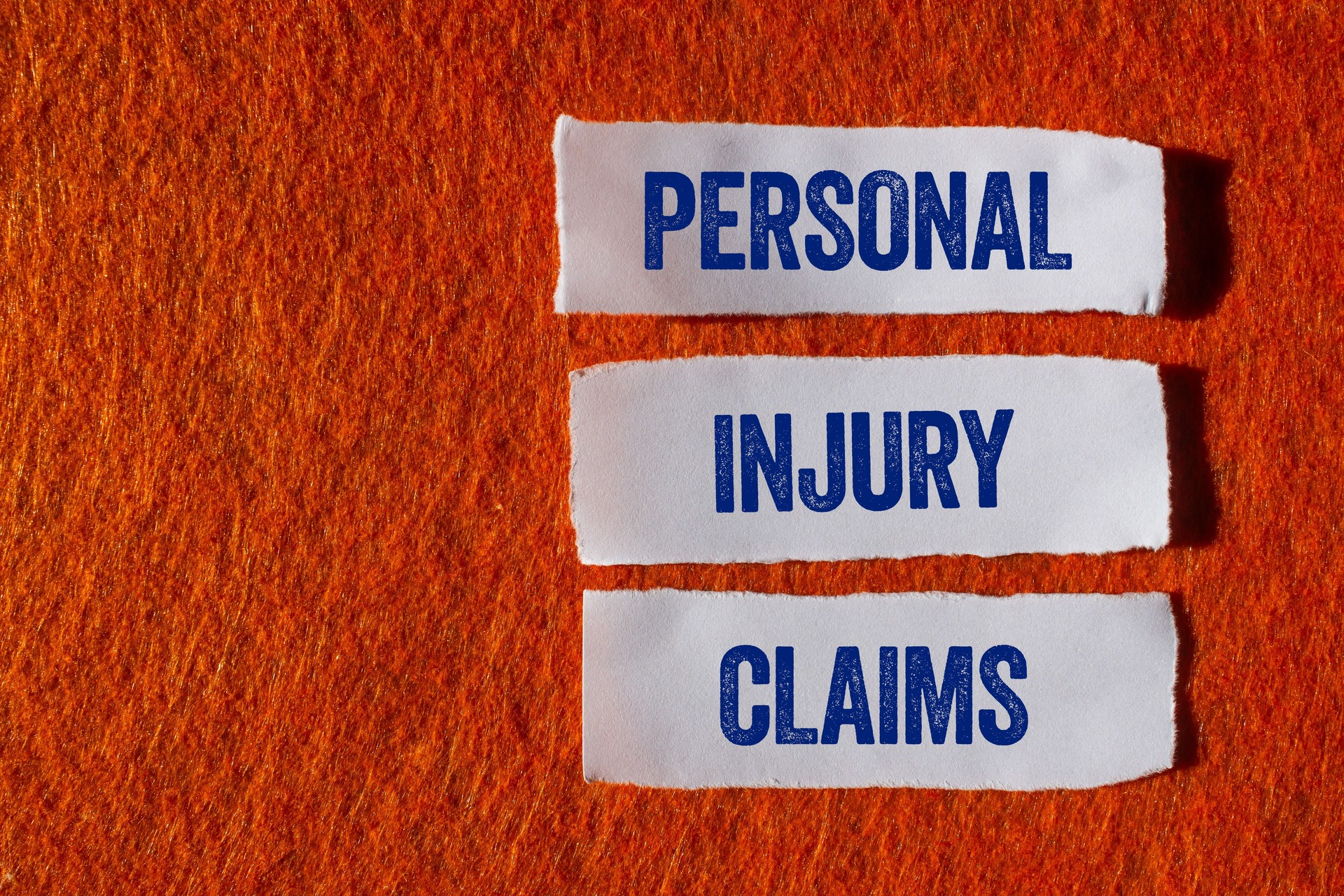 Personal injury claims message written on ripped torn paper pieces on orange background